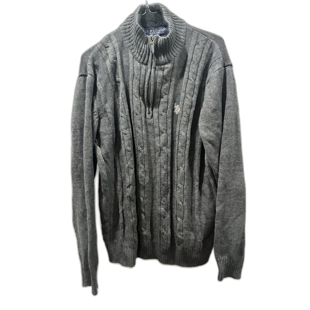 U.S. Polo Assn. Gray Cable Knit Fleece Lined Quarter Zip Sweater Men's XL
